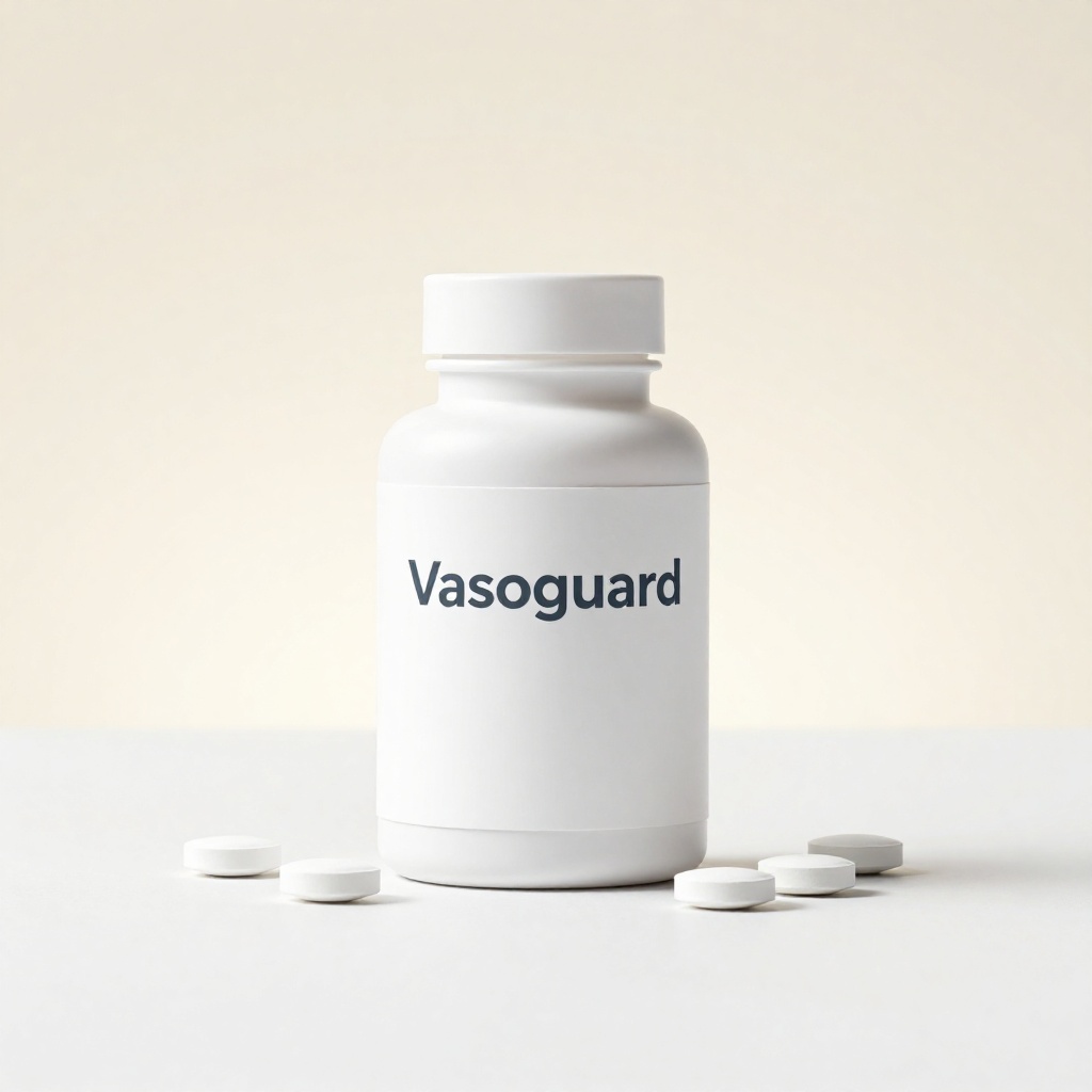 Vasoguard supliment natural în cutie elegantă albă cu etichetă albastră, conținând 60 de capsule pentru susținerea tensiunii arteriale și sănătății cardiovasculare, formulat cu extract de păducel, usturoi și frunze de măslin pentru menținerea echilibrului vascular natural pe fundal neutru